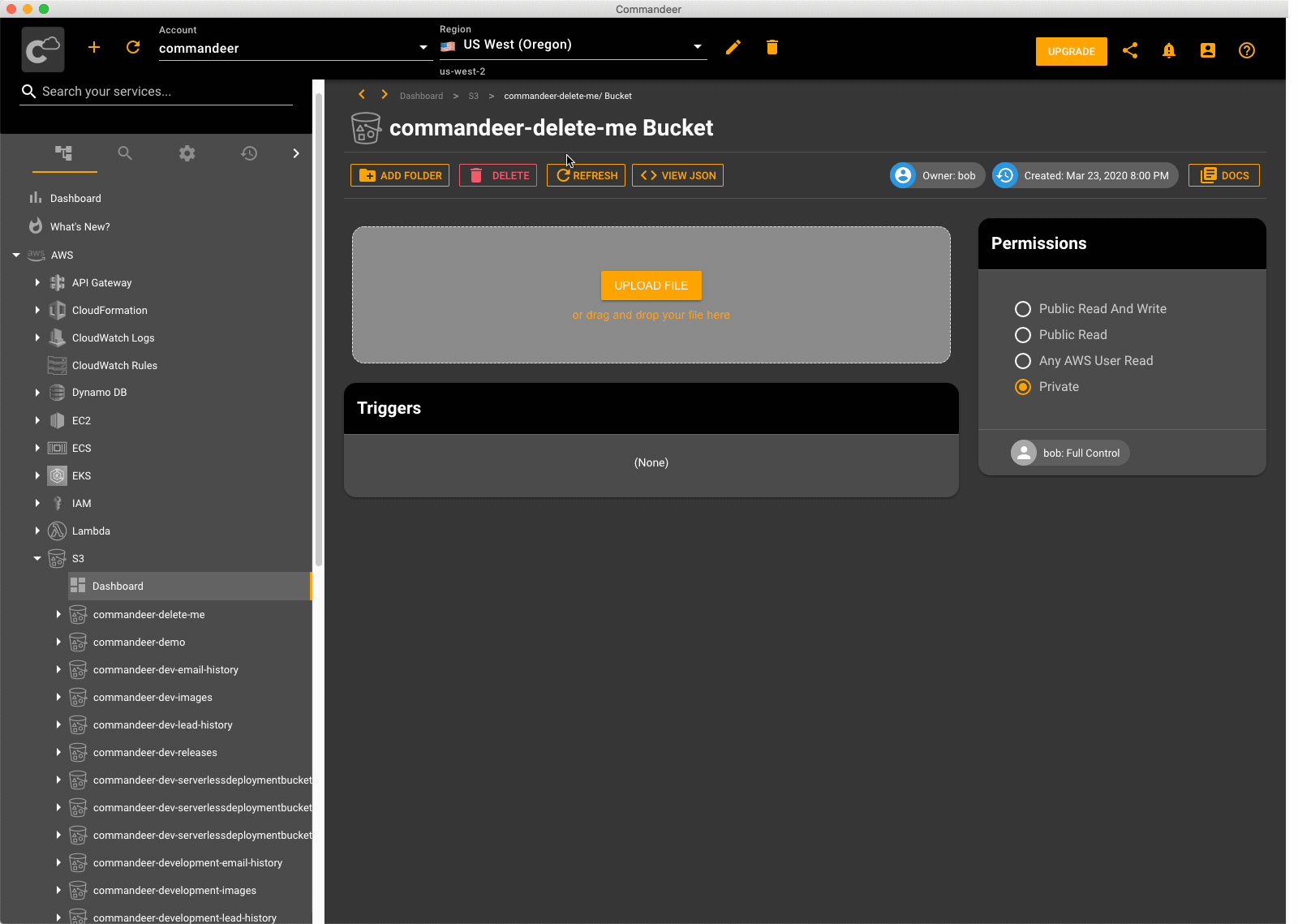 Deleting a bucket in Commandeer