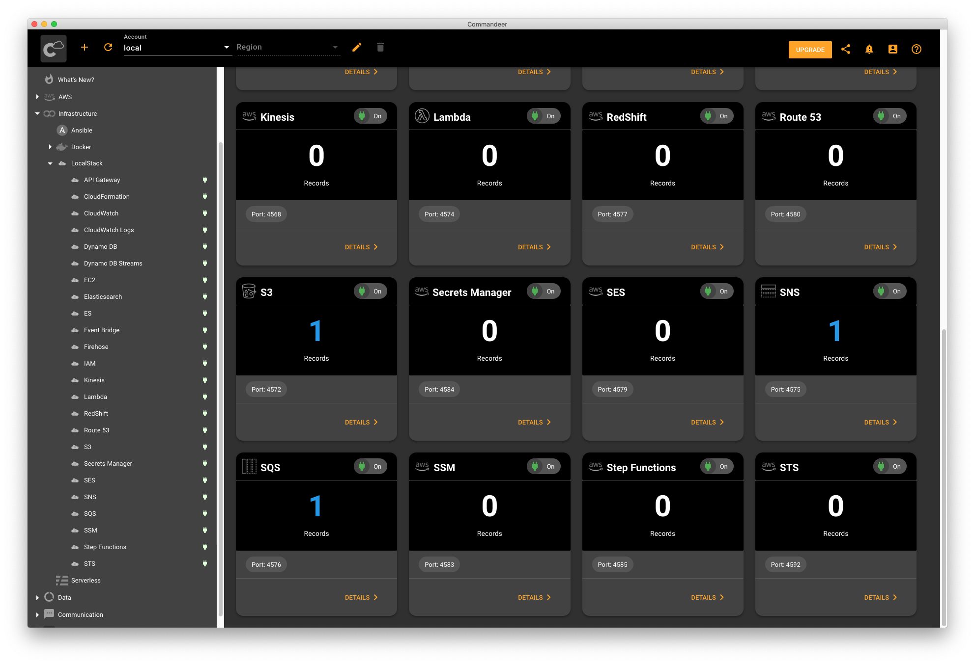 All LocalStack services started in the card view