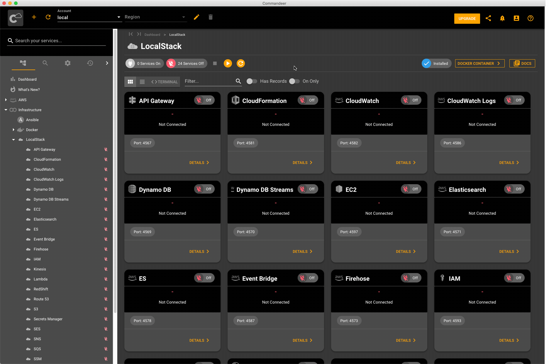 Starting all LocalStack services in Commandeer