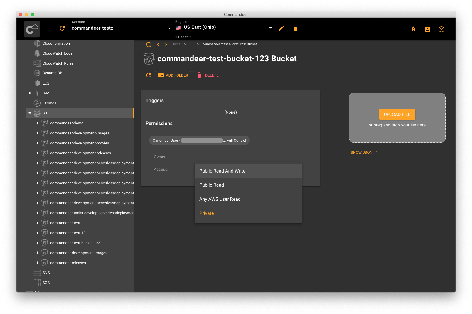 Changing bucket permissions on the bucket detail screen