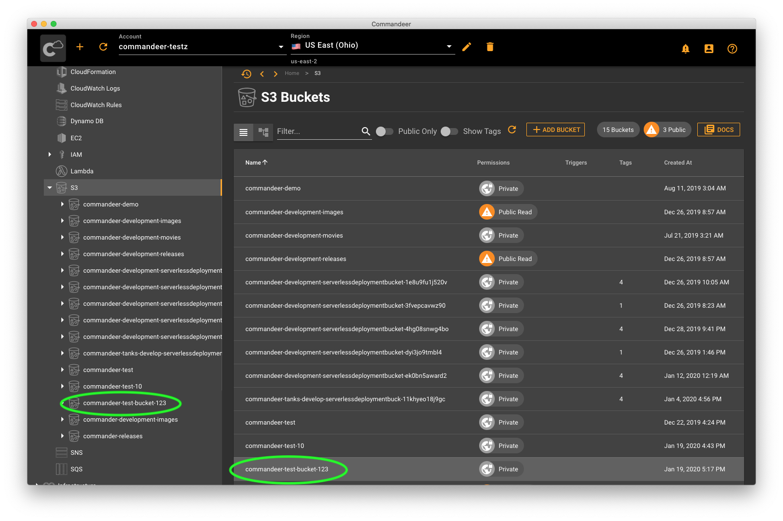 A newly created bucket shows up in the table and in the side navigation panel