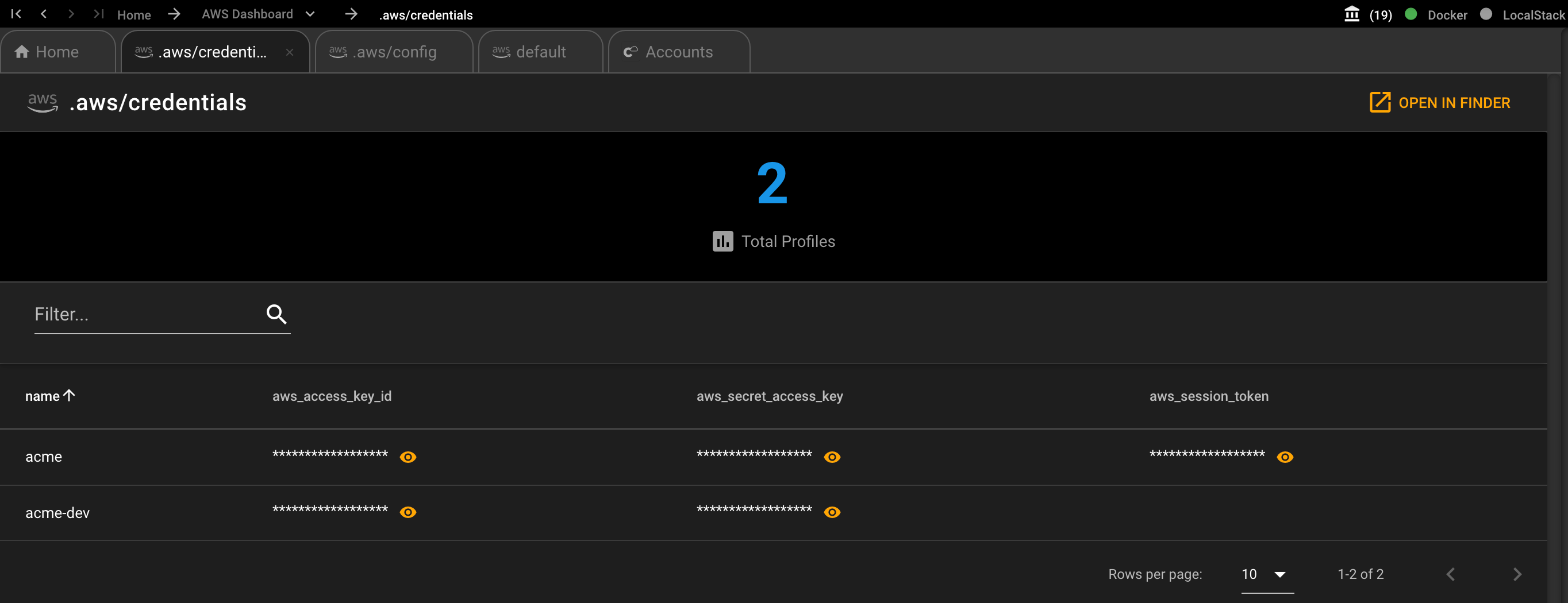 .aws/credentials dashboard