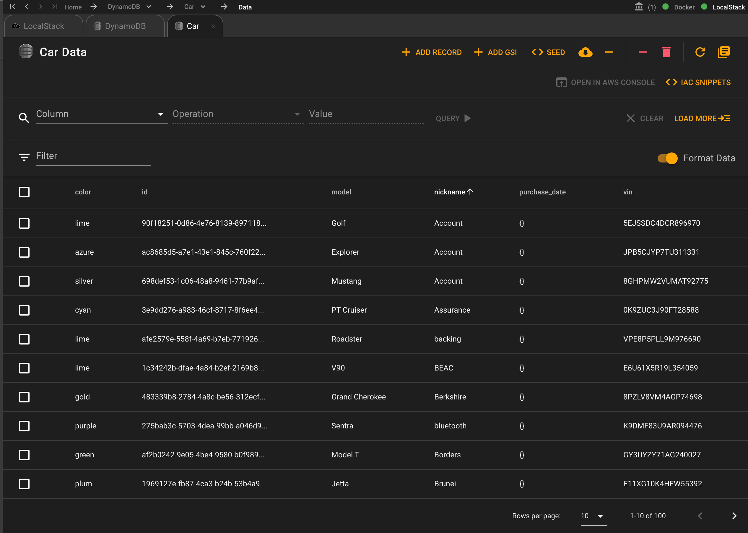 DynamoDB Car Data