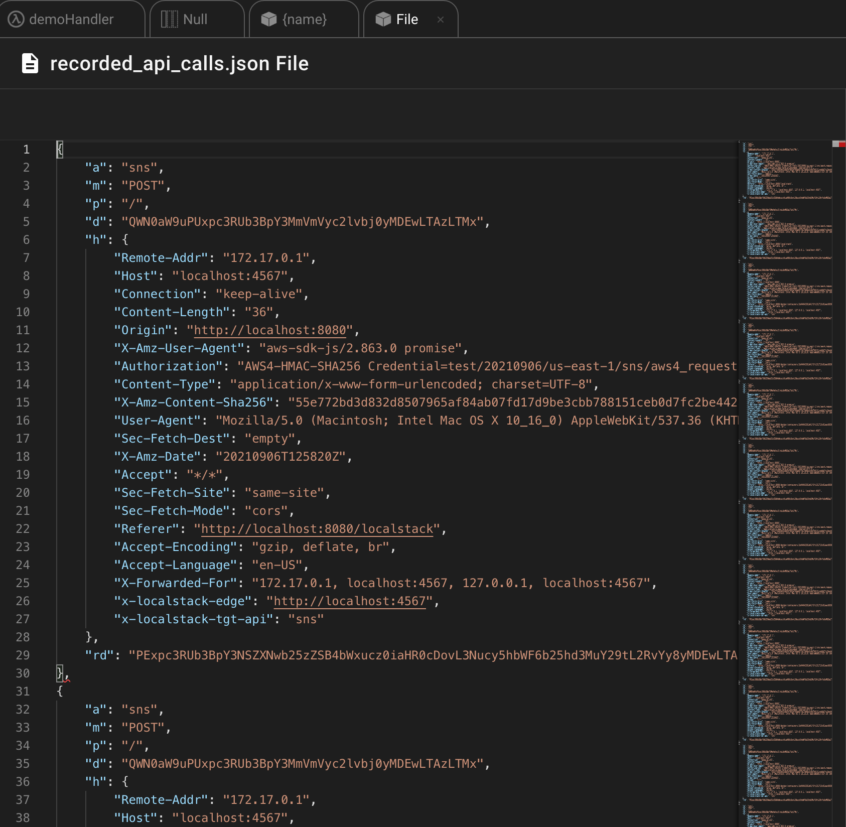 LocalStack Recorded API Calls JSON Detail