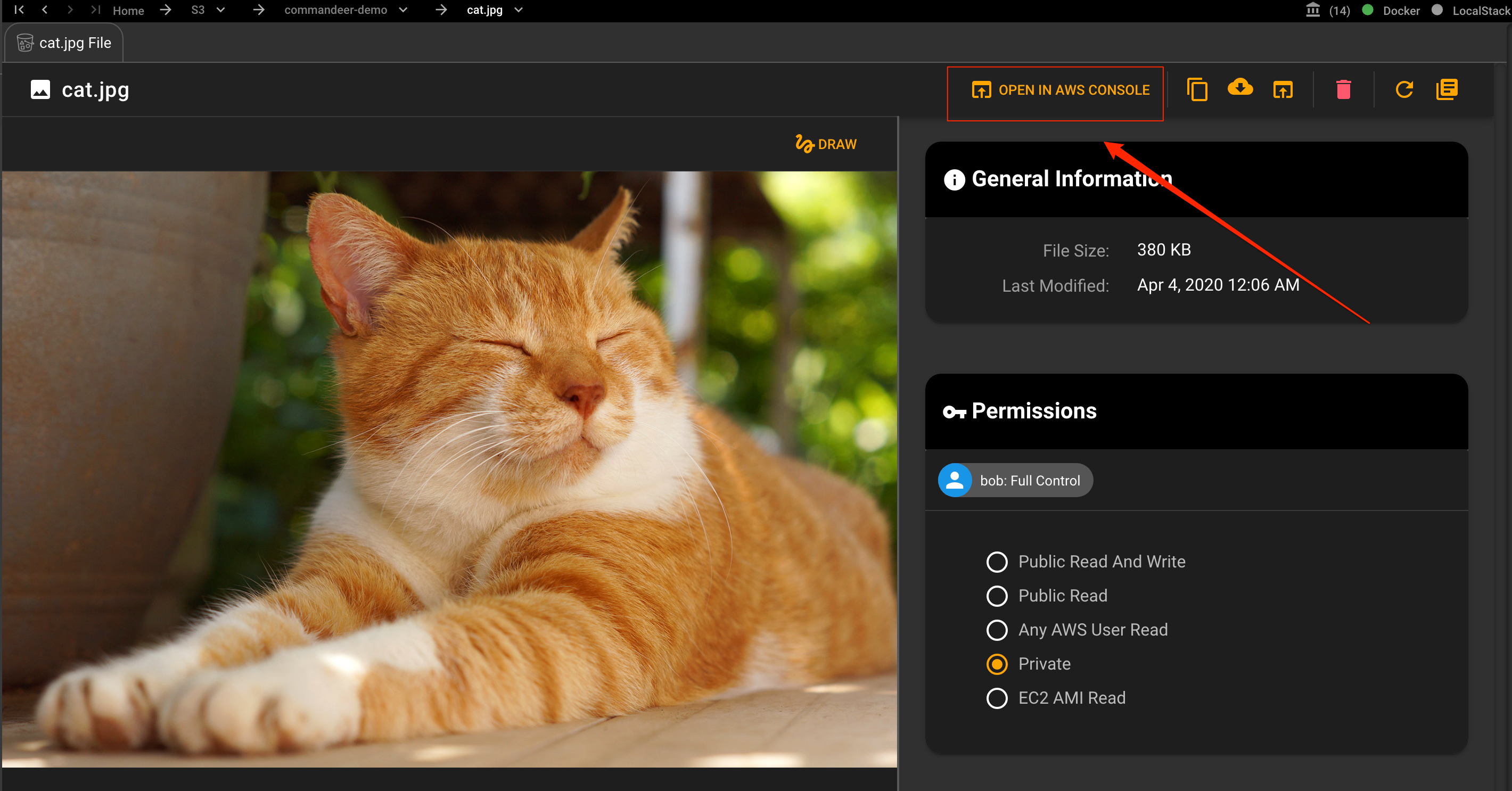 Opening an S3 image in AWS Console from Commandeer