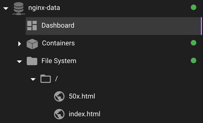 Viewing Docker Volume files in the side navigation tree view 