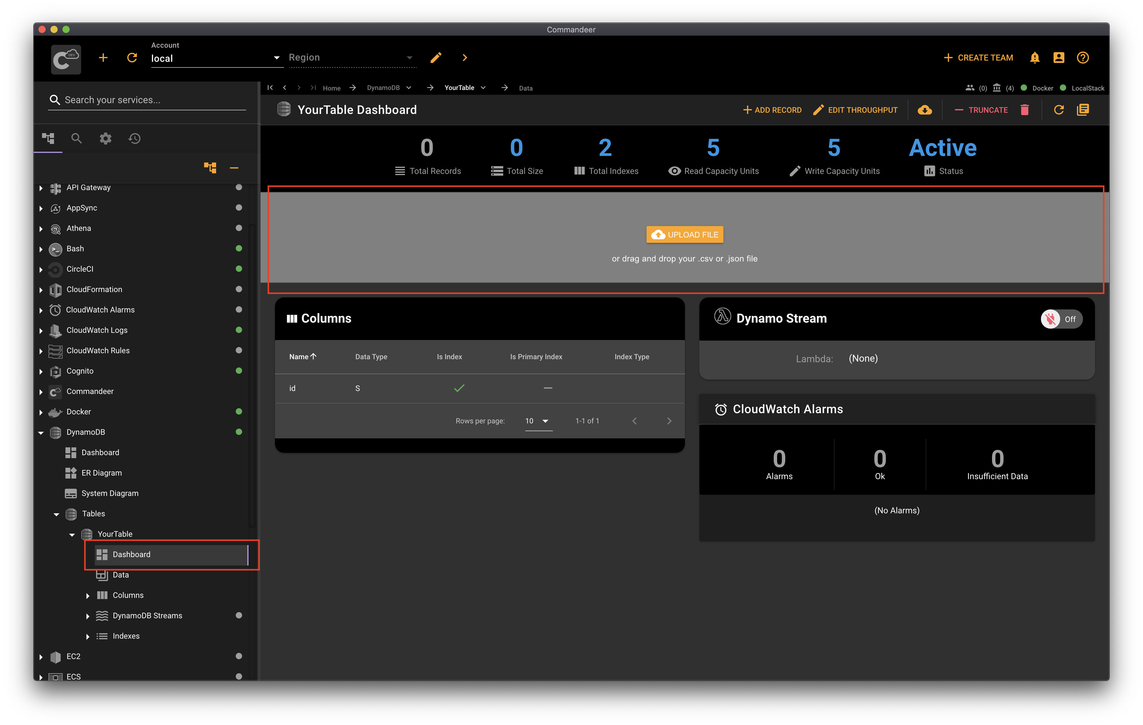 Dynamo dashboard with the drag and drop area highlighted