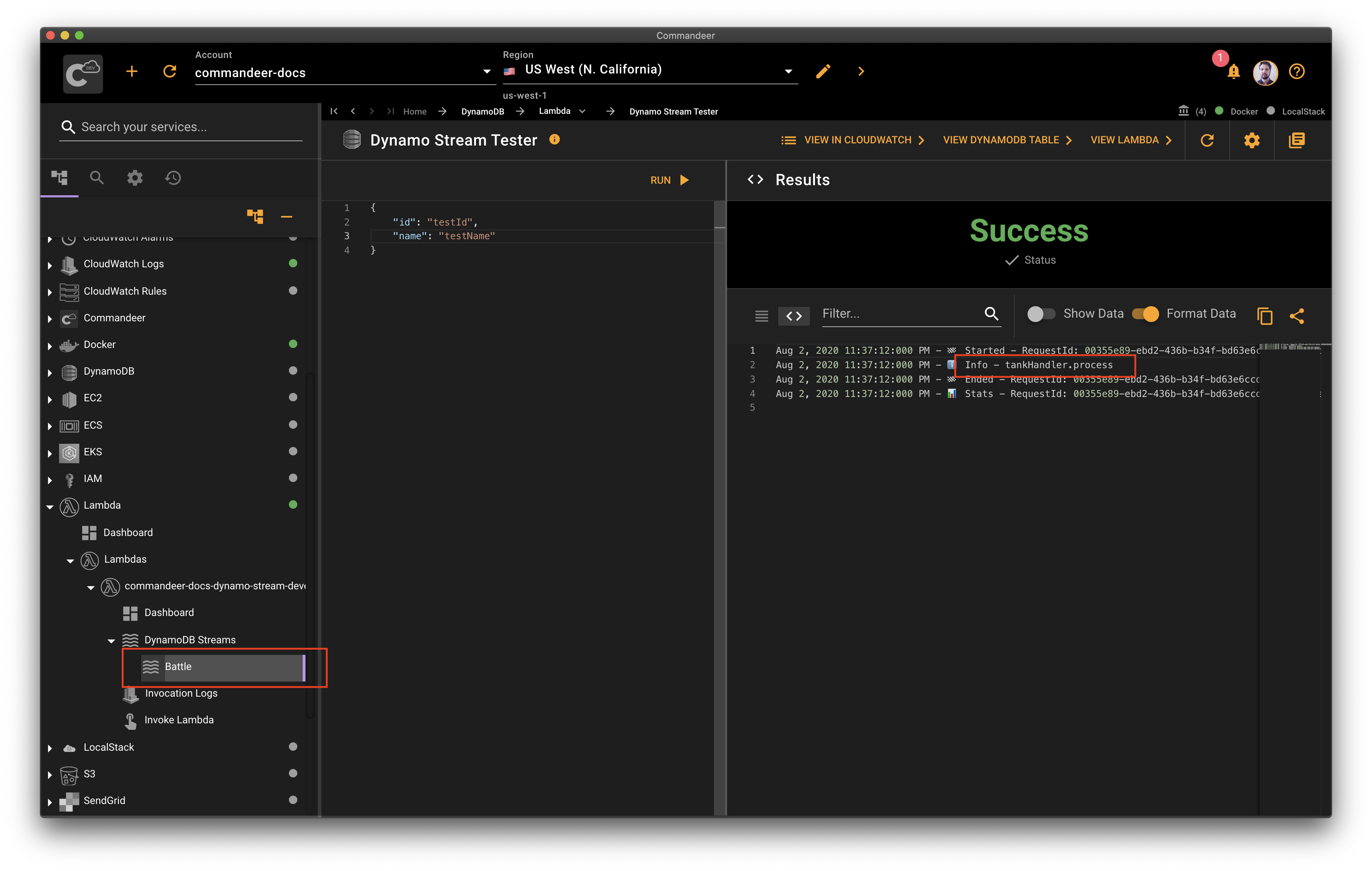 Dynamo stream tester interface