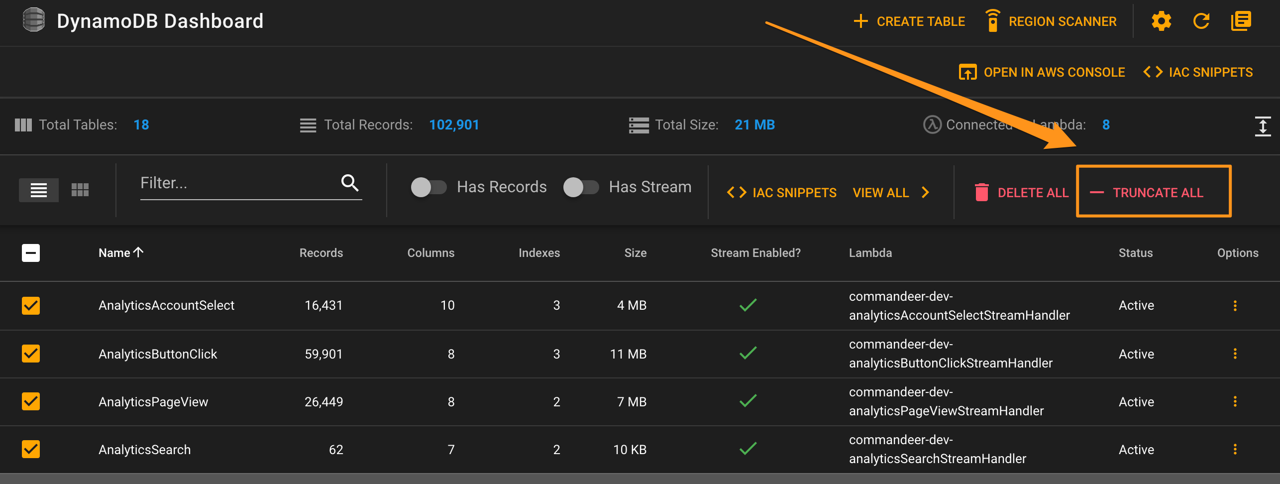 Truncating Multiple DynamoDB Tables Commandeer Docs