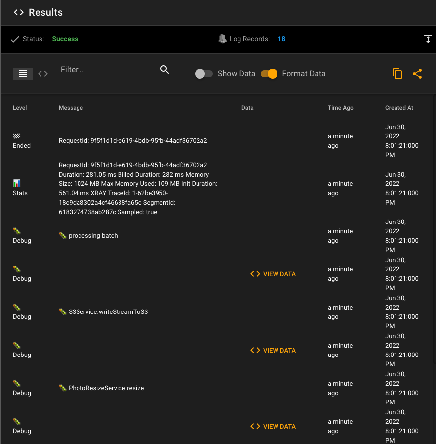 S3 Testing Results Invocation CloudWatch Logs