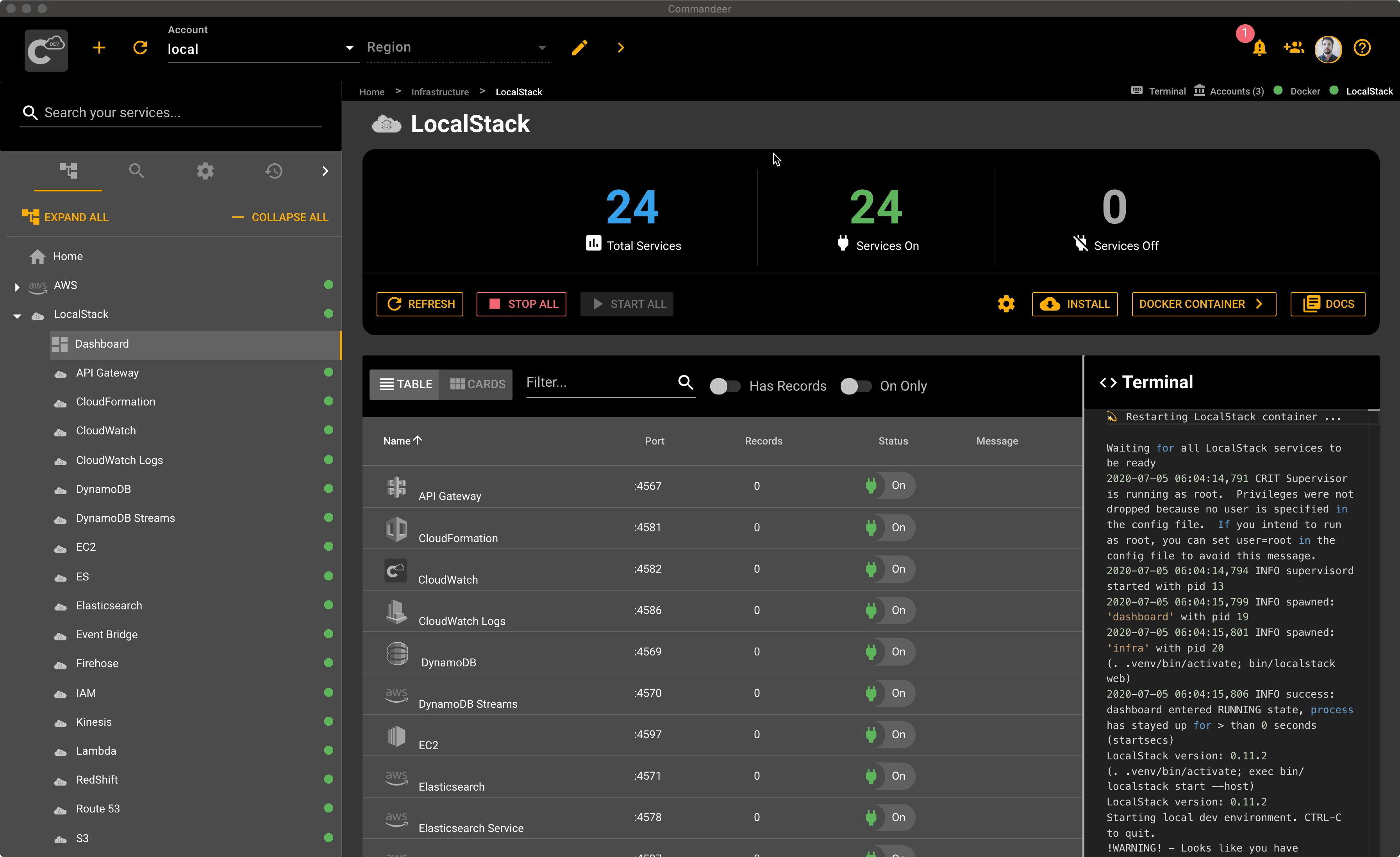 Showing LocalStack and AWS settings