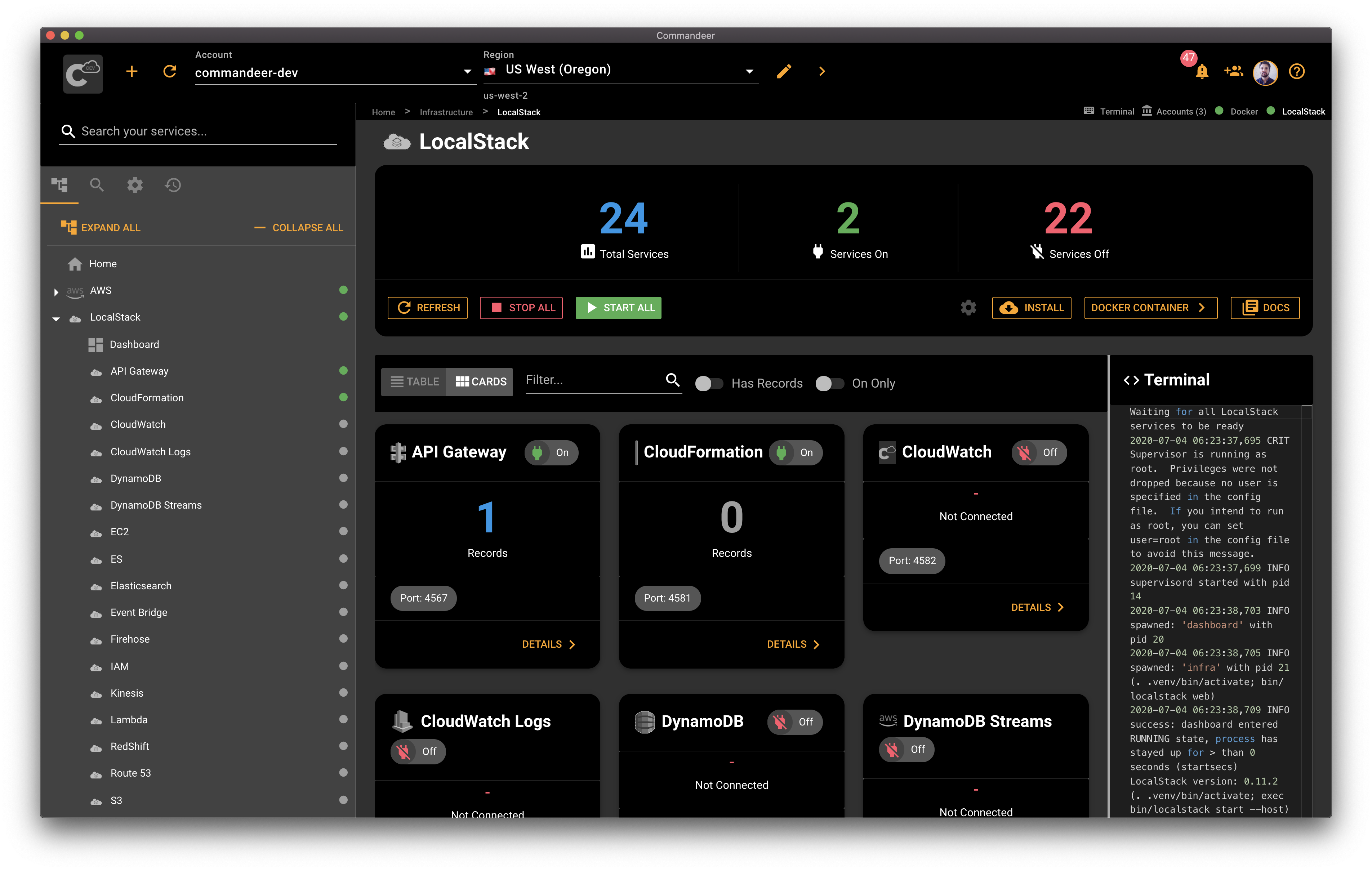 LocalStack dashboard in card view