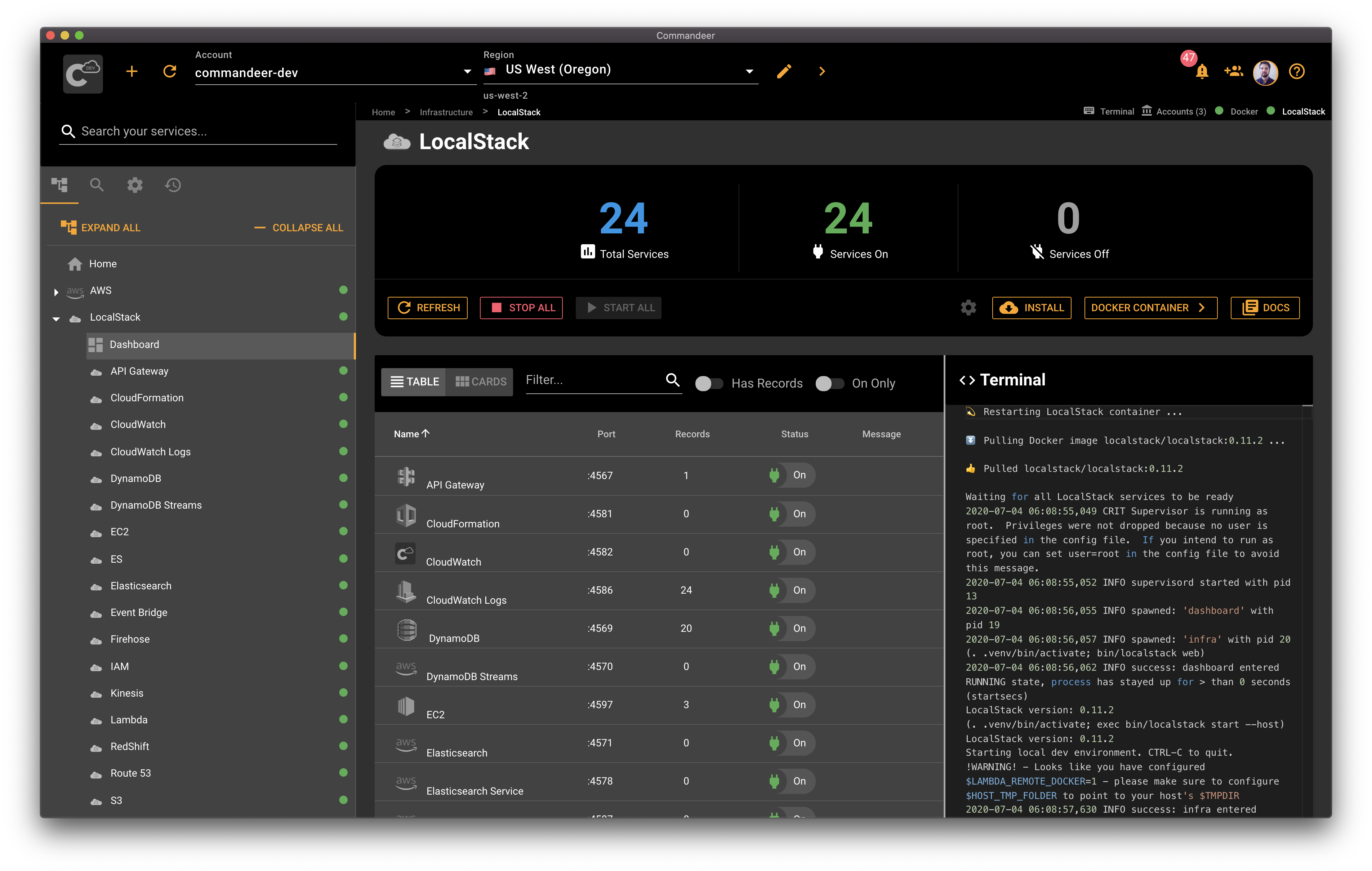 All LocalStack services started in Commandeer